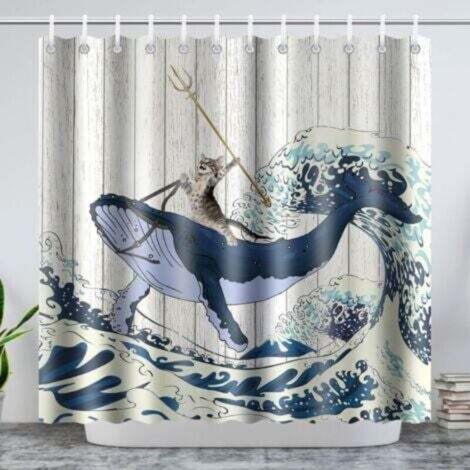 (Chat-baleine)Rideau de Douche Polyester Anti Moisissure Lavable Imperméable Tissu Rideaux de Douche avec 12 Crochets en C180x200CM
