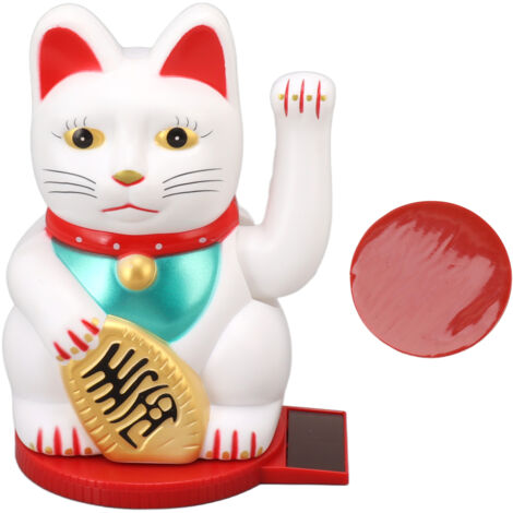 Chat de Fortune à Bras Mobile 4 Pouces, Chat Porte-Bonheur Solaire avec Détection de Lumière et Base Tournante, Décoration pour Maison Hôtel Blanc