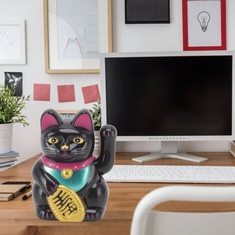 Chat De Fortune Chinois Waving Arm Solar Lumière Sensor Statuette Figurine Ornement Maison Auto Siège Debout Noir