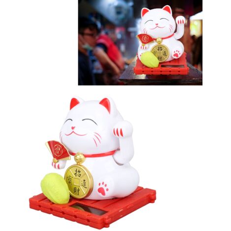 Chat de Fortune Solaire avec Bras Balancant pour Bureau Maison Voiture Décor Feng Shui Matière Plastique Blanc Dimension 7.8x7.5x8.5cm