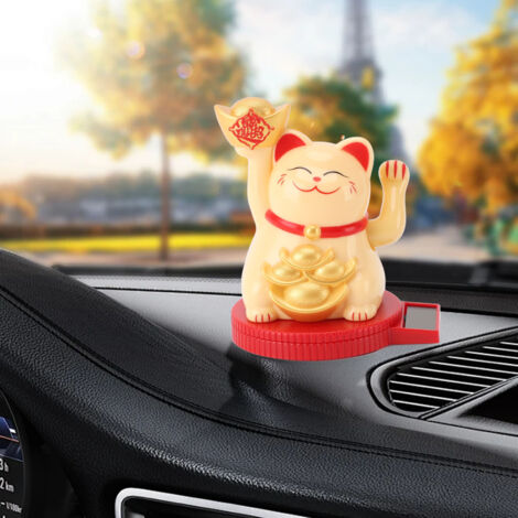 Chat de Fortune Tournant à Base Solaire Statue pour Table de Bureau, Dashboard de Voiture, Décoration Yellow ABS - Modèle Rotatif