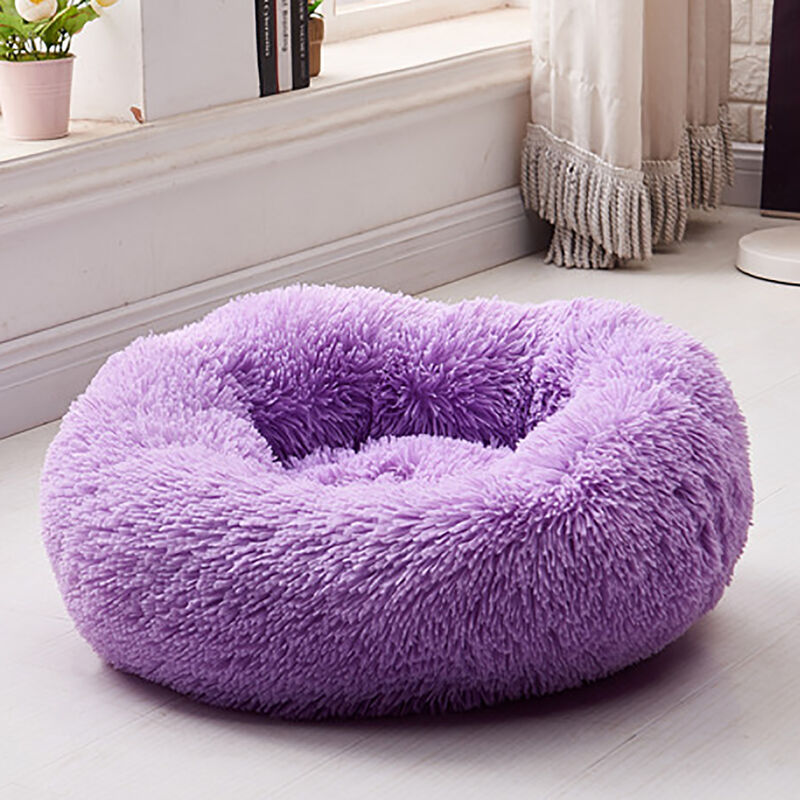 Chat En Peluche Lit Rond Calmant Coussin Fluffy Rechauffez Antiderapage Fond Interieur Animaux Sommeil Lits Ameliorer, Violet Large 70Cm