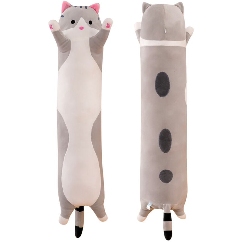 Chat en Peluche Long Corps Oreiller câlin Dessin animé Peluches Chat Peluche Doux poupée oreillers Cadeaux pour Enfants Filles - Gris 70cm