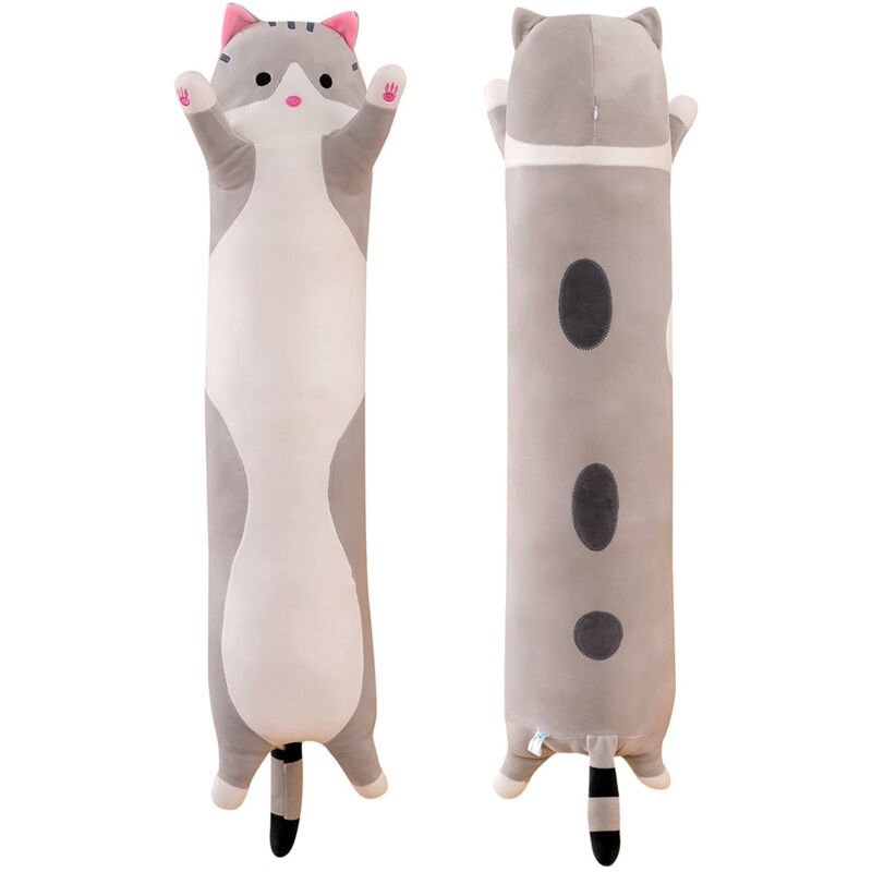 Chat en Peluche Long Corps Oreiller câlin Dessin animé Peluches Chat Peluche Doux poupée oreillers Cadeaux pour Enfants Filles - Gris 90cm