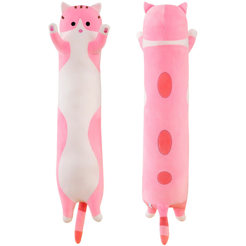 Chat en Peluche Long Corps Oreiller câlin Dessin animé Peluches Chat Peluche Doux poupée oreillers Cadeaux pour Enfants Filles - Rose 70cm