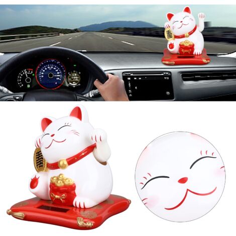 Chat Maneki-neko Lumineux à Énergie Solaire pour Maison Bureau Restaurant Blanc - Figurine Décorative Signe de Chance et Fortune
