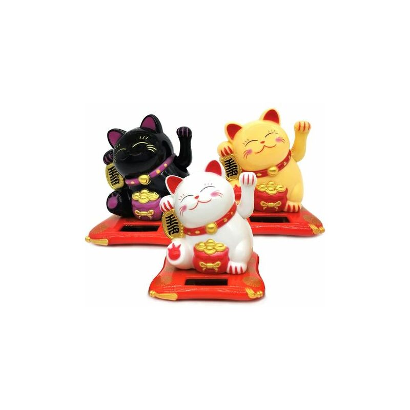 Chat Porte Bonheur, Ornements Mignons Lucky Cat à énergie Solaire pour Décorer La Maison, Le Bureau, La Voiture et Noël (Blanc+Noir+Jaune)