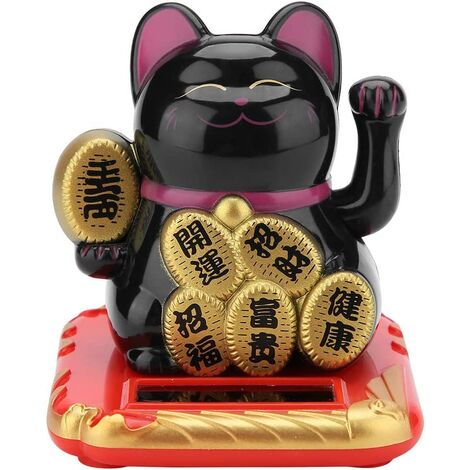 Chat Porte Bonheur Solaire avec Bras Agitant Chat Maneki Neko Fortune Accueillant Bienvenue pour D&eacutecoration Maison Voiture Cadeaux Amis (Black)