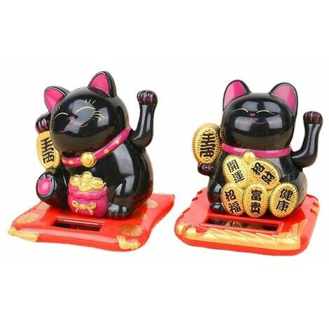 Chat Porte Bonheur Solaire avec Bras Agitant Chat Maneki Neko Fortune Accueillant Bienvenue pour Décoration Maison Voiture Cadeaux Amis (Black) CHAM