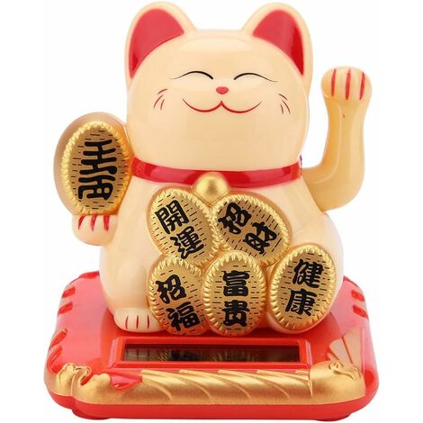 Chat Porte Bonheur Solaire avec Bras Agitant Chat Maneki Neko Fortune Accueillant Bienvenue pour Décoration Maison Voiture Cadeaux Amis (Golden)