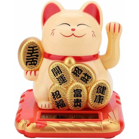 Chat Porte Bonheur Solaire avec Bras Agitant Chat Maneki Neko Fortune Accueillant Bienvenue pour Décoration Maison Voiture Cadeaux Amis (Golden),HANBING