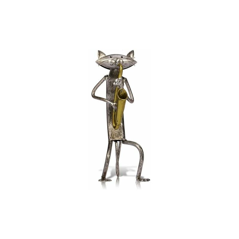 Chat sculpture en métal avec des cadeaux de figurine de guitare pour Thanksgiving, Noël, artisanat et décoration de la maison