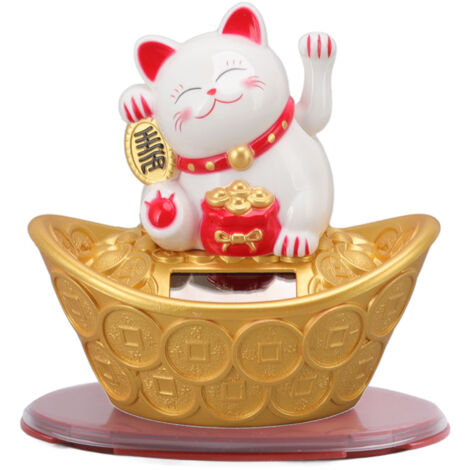 Chat Solaire Porte-Bonheur - Statue Chat Fortune à Main Ondulante, Décoration pour Tableau de Bord Voiture ou Maison, Blanc MLY23028