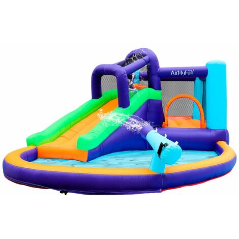 Château Aquatique Gonflable Magic Island avec toboggan et canons à eau, 430x380x190 cm - souffleur et sac de rangement inclus