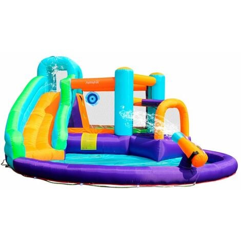 Château Aquatique Gonflable Sunny Jungle avec toboggan et cible, 430x400x225 cm - souffleur et sac de rangement inclus