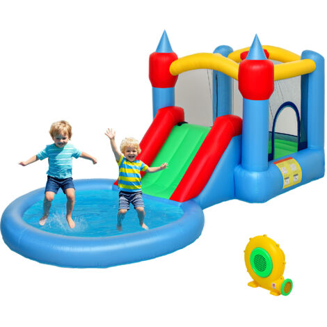 Château gonflable 4 en 1 avec toboggan, panier de basket, piscine à balles et souffleur 370W, dimensions 415 x 205 x 190 cm