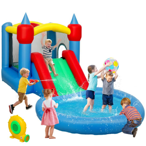 Château gonflable 4 en 1 avec toboggan, panier de basket, piscine à balles, souffleur 370W, 415 x 205 x 190 cm