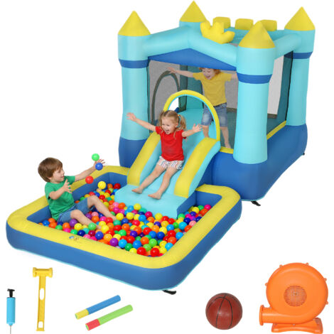 Château Gonflable 4 en 1 pour Enfants, Toboggan, Trampoline, Piscine à Balles/Eau, Panier de Basket, 3-8 Ans, Bleu