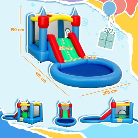 Château gonflable 4 en 1 toboggan basket piscine à balles, souffleur 370W, jeu extérieur familial 415x205x190 cm