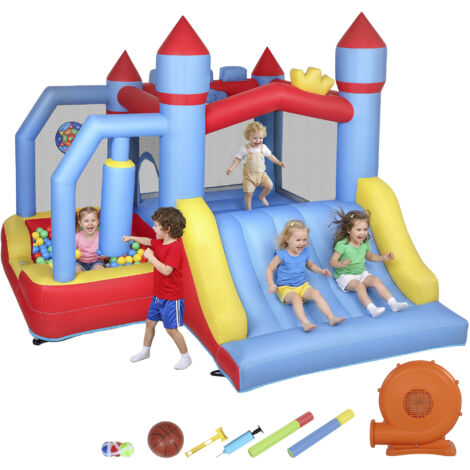 Château gonflable 5 en 1 avec souffleur, parc aquatique structure gonflable, toboggans, trampoline, multicolore