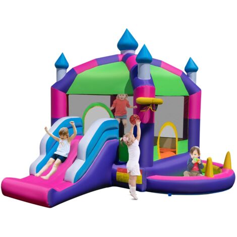 Château Gonflable 5 en 1 avec Toboggan et Toit Panier de Basket-ball Jeu de Lancer D'anneaux Piscine Kit de Réparation Multicolore DESIGN IN