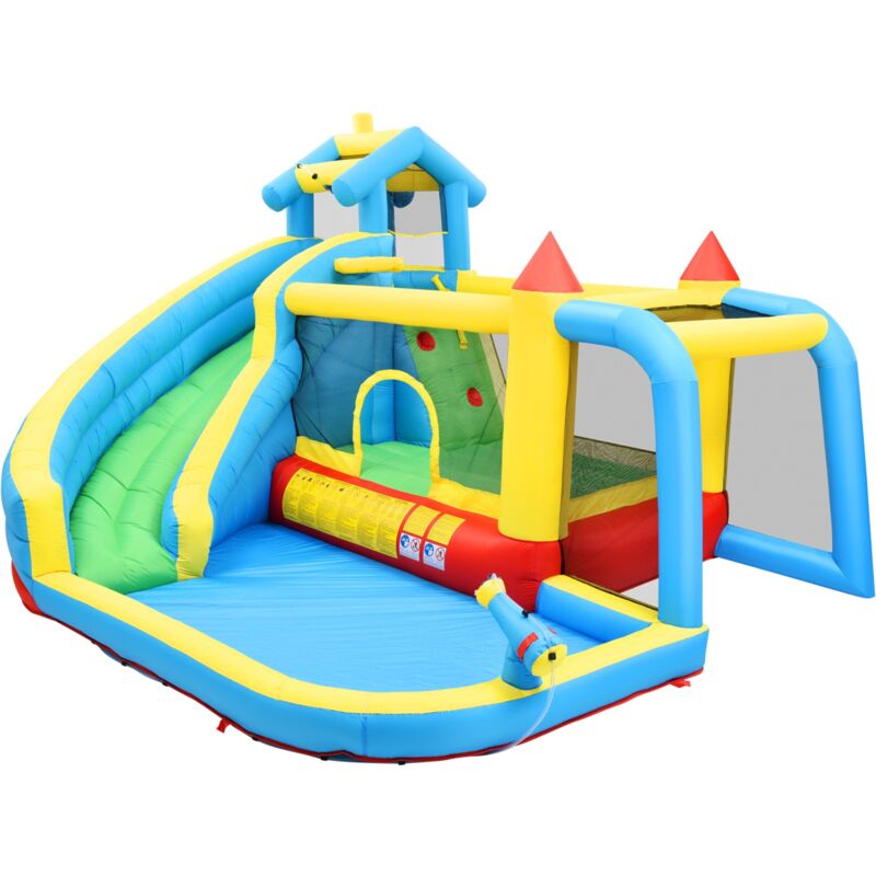 Château gonflable 5 en 1, avec toboggan, zone de saut, piscine, filet de football, souffleur 450W, 364x315x239 cm, château gonflable d'extérieur