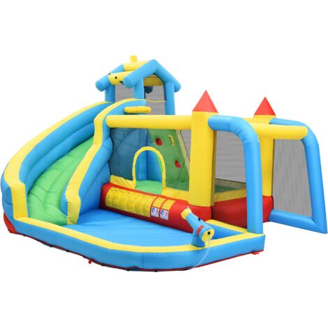 Château gonflable 5 en 1, parc aquatique pour enfants avec toboggan, zone de saut, piscine, filet de football, pour enfants de 3 à 10 ans - Bleu