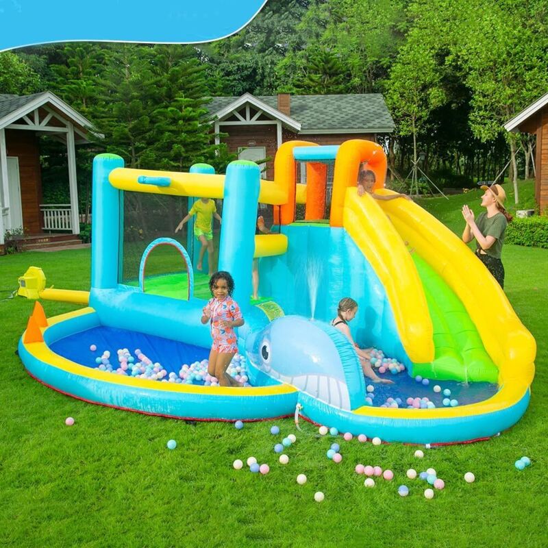 Château Gonflable 6 en 1 avec Souffleur,Max 180kg,Extérieur Toboggan-Panier de basket-Mur d'escalade-Piscine,455x370x215cm,Tissu Oxford,Modélisation