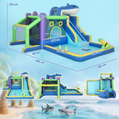 Château gonflable 8 en 1 avec motif requin, souffleur, toboggan, pataugeoire et trampoline pour les enfants de 3 à 8 ans, 405 x 345 x 235 cm, multicolore