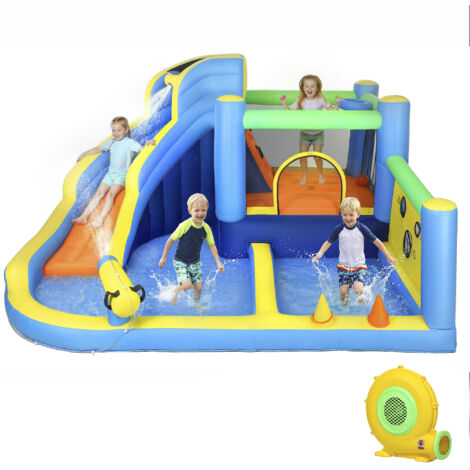 Château gonflable 8-en-1 avec souffleur, parc aquatique, toboggan, trampoline, piscine à balles, Oxford multicolore