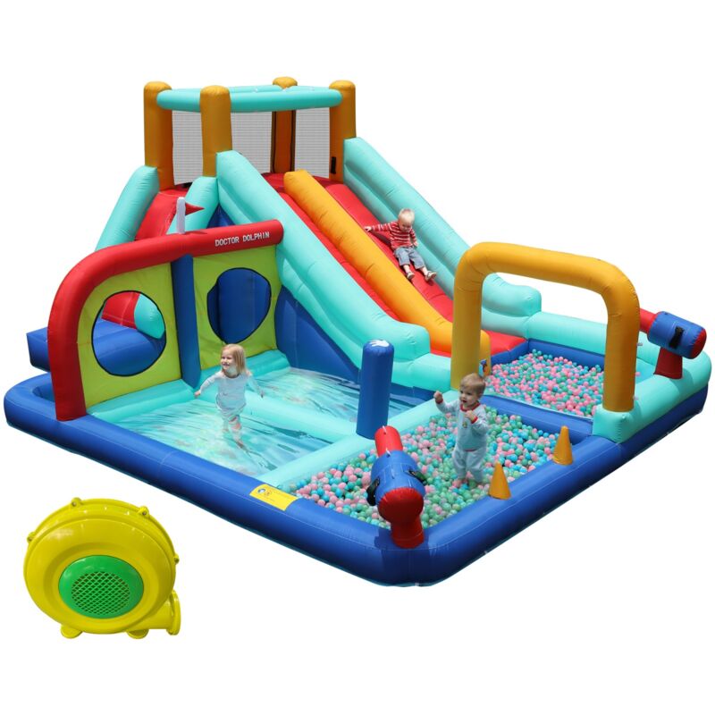 Château gonflable, avec château d'eau, double toboggan, toboggan aquatique, mur d'escalade, pistolet à eau, fontaine, colonne de boxe, souffleur
