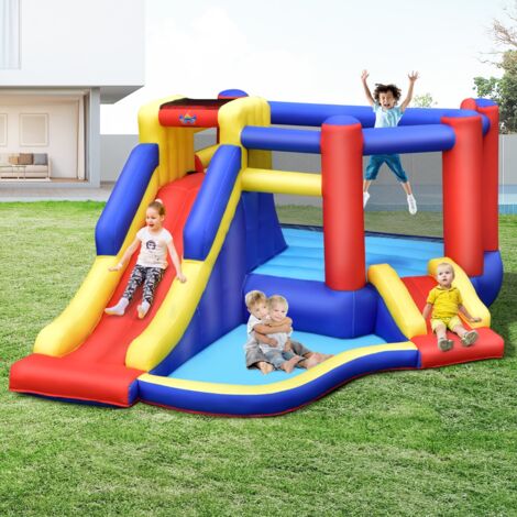Château Gonflable avec Long Toboggan Trampoline Piscine à Balles Mur d'Escalade Panier de Basket Sac Transport Sans Gonfleur Maison Chic