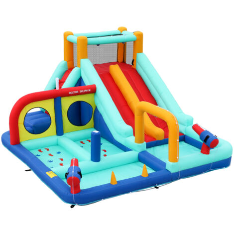 Château gonflable avec souffleur, 2 toboggan, mur d'escalade, pistolet à eau, fontaine, poteau de boxe, pour 3-4 enfants, multicouleur