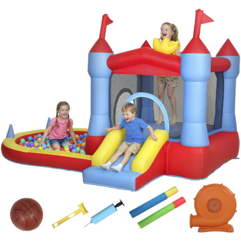 Château gonflable avec souffleur, toboggans, trampoline et piscine à balles multicolore