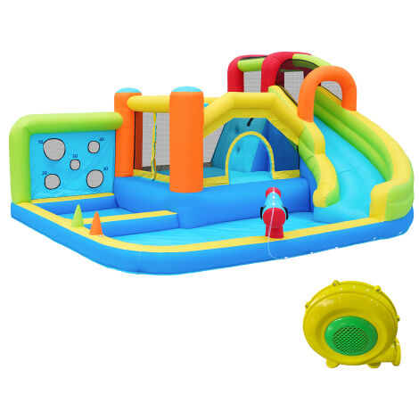 Château gonflable avec souffleur, trampoline, toboggan aquatique, mur de lancer, support de basket, mur d'escalade,pour 3-4 enfants, multicouleur