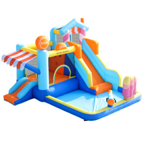 Château gonflable avec souffleur, trampoline, toboggan aquatique, petit toboggan, fontaine, pistolet à eau, auvent, pour 2-3 enfants, multicouleur