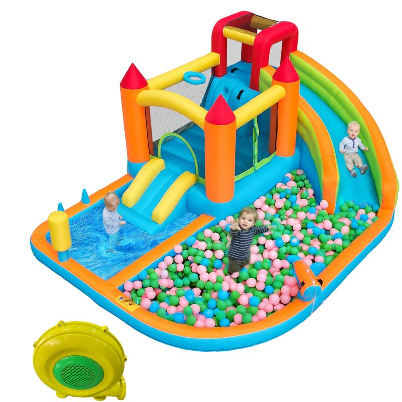 Château gonflable, avec toboggan aquatique, trampoline, panier de basket, pistolet à eau, 2 zones de piscine, 1 grand et 1 petit toboggan, souffleur