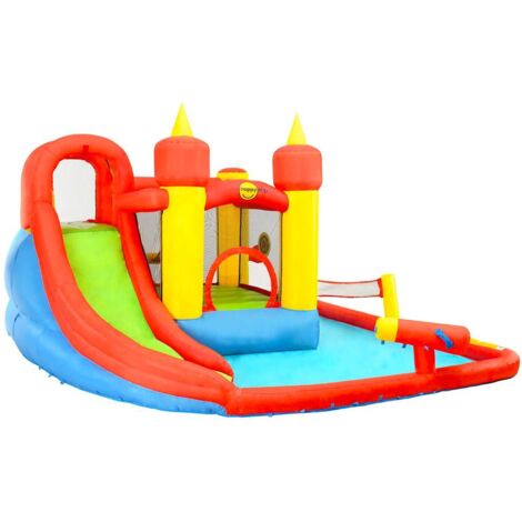 Château gonflable avec toboggan et piscine 410x385x220cm – Charge maximale 135kg – Pour jusqu'à 5 enfants – PVC laminé résistant – Happy Hop