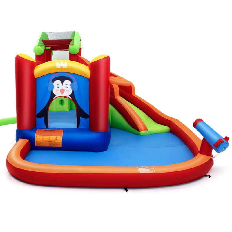 Helloshop26 - Château gonflable avec toboggans aquatiques aire de jeux gonflable avec motif de pingouin canon à eau panier de basket-ball