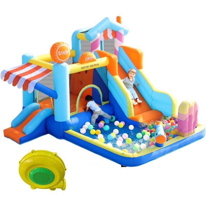 Château Gonflable avec trampoline, château gonflable pour enfants, pistolet à eau, toboggan, fontaine, parasol, souffleur 450 w inclus, adapté aux