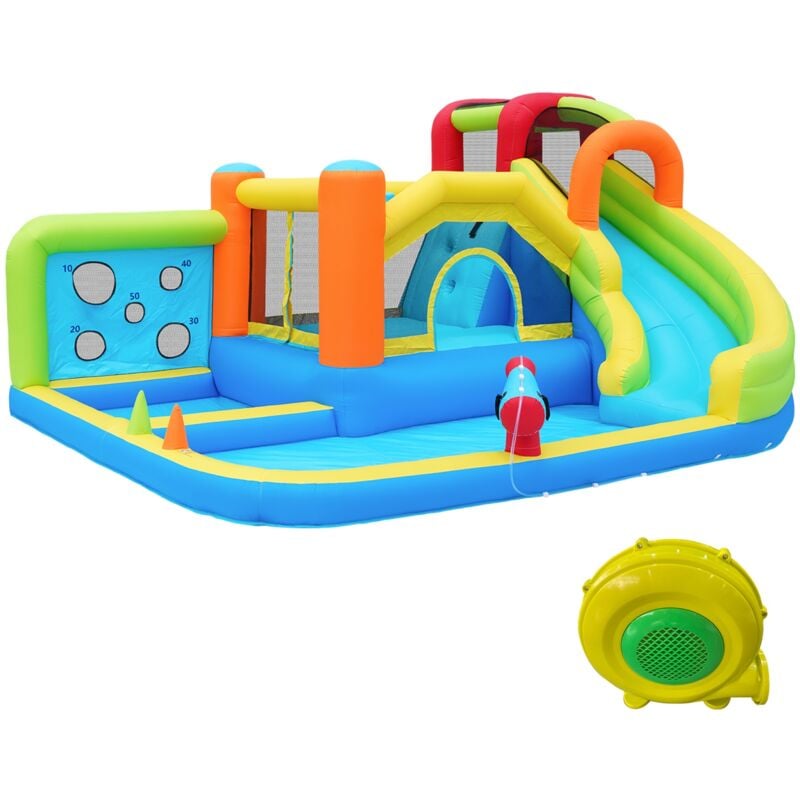 Château gonflable, avec trampoline, toboggan aquatique, mur de lancer, panier de basket, mur d'escalade, souffleur 450W, 410x315x203 cm, parc