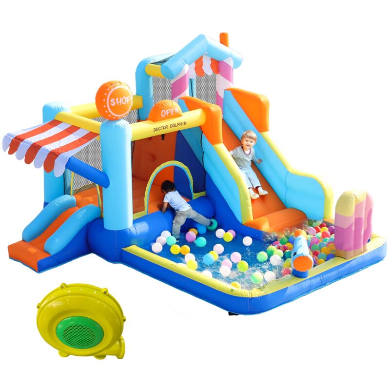Château gonflable, avec trampoline, toboggan aquatique, petit toboggan, fontaine, pistolet à eau, auvent de magasin, souffleur 450W, 395x340x236 cm,