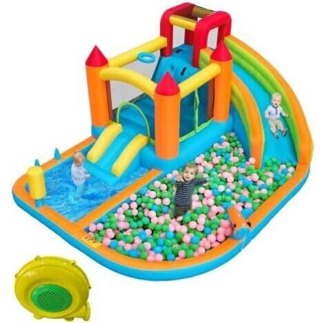 Château gonflable avec ventilateur, château gonflable multifonctionnel pour enfants, trampoline, panier de basket, pistolet à eau, 2 zones de piscine, parc aquatique pour enfants extérieur pour