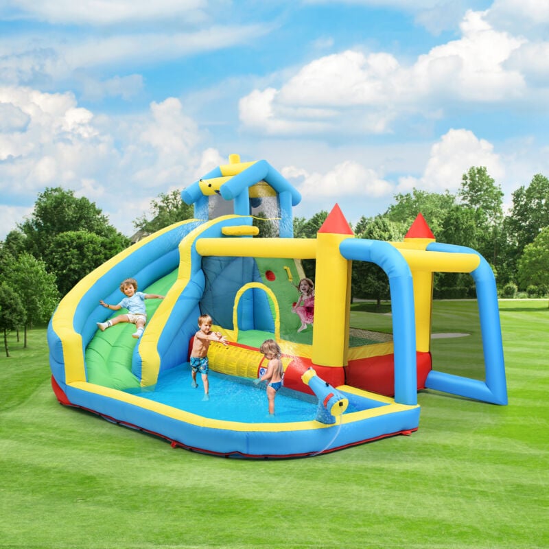 Aire de Jeux multifonctionnel - Château Gonflable avec souffleur、toboggan、piscine、trampoline et filet de football - adapté pour 3 ou 4 enfants - Bleu