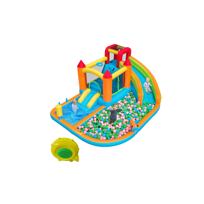 [château gonflable extérieur multifonctionnel] avec sèche - cheveux, Toboggan aquatique, trampoline, support de basket - ball, pistolet à eau, 2