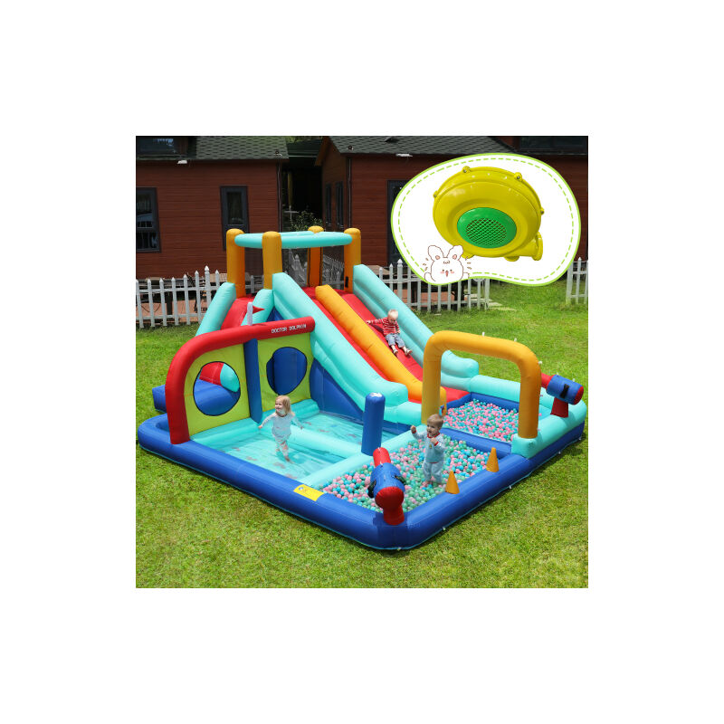Okwish - Château gonflable extérieur pour enfants avec souffleur, toboggan aquatique double + mur d'escalade + pistolet à eau + fontaine + poteau de
