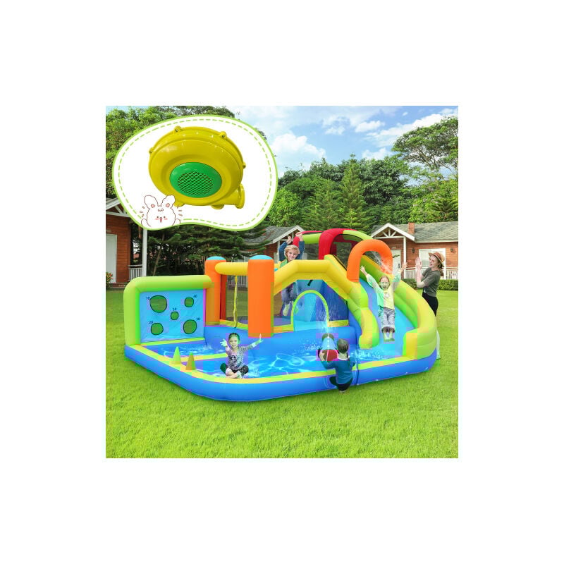 Okwish - Château gonflable extérieur pour enfants avec souffleur, toboggan aquatique + mur de lancer + panier de basket + mur d'escalade