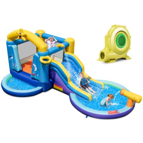 Château Gonflable Océan 6 en 1 avec Souffleur 680W Toboggan Aquatique & 2 Piscines Maison de Rebond Gonflable Charge 90kg Maison Chic