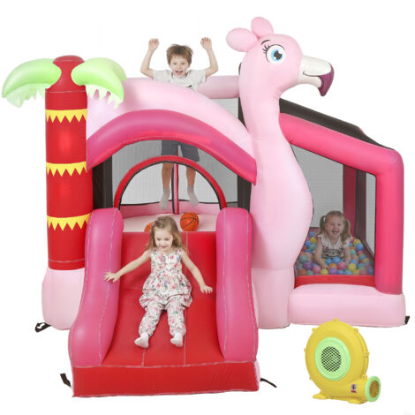 Château Gonflable pour Enfants avec Toboggan, Trampoline, Piscine à Balles et Panier de Basket, 255x230x196 cm, Rose