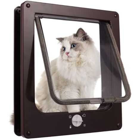 Chatière magnétique 4 voies pour chats et petits chiens 23.5x27x5.5 cm avec rabat transparent en brun